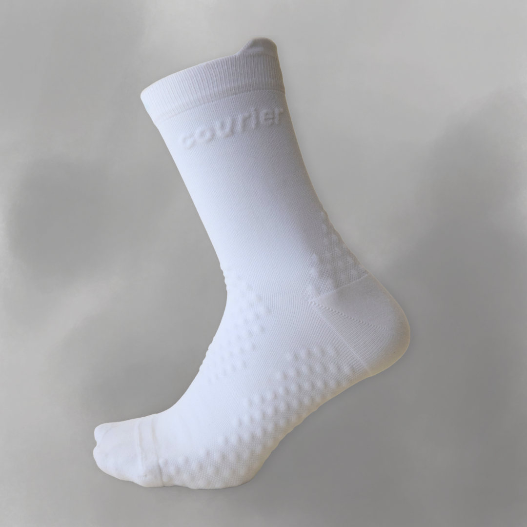 Side profile of HiFi white sock with courier wordmark