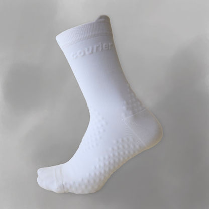 Side profile of HiFi white sock with courier wordmark