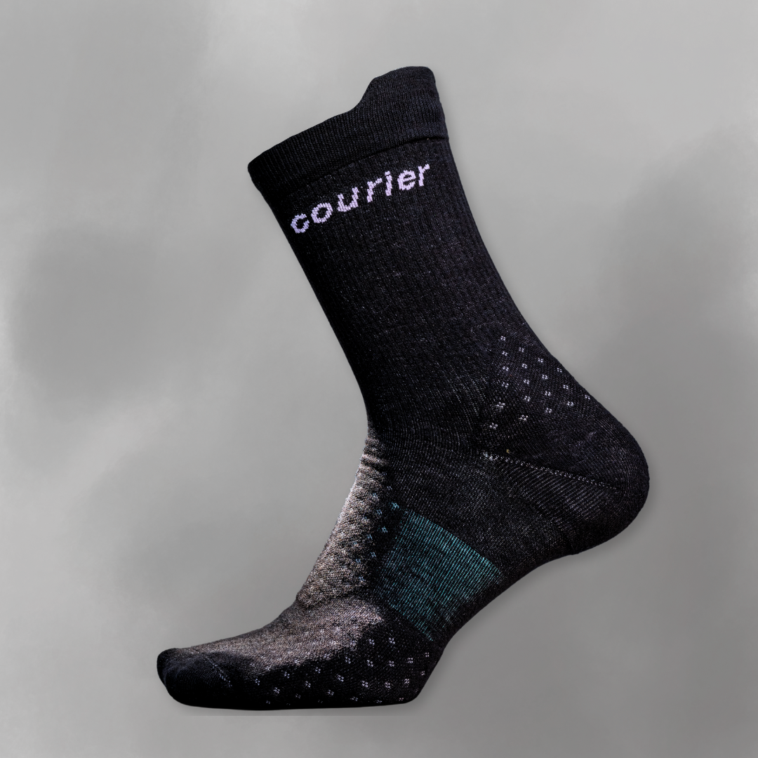 side profile of LoFi black sock with courier wordmark